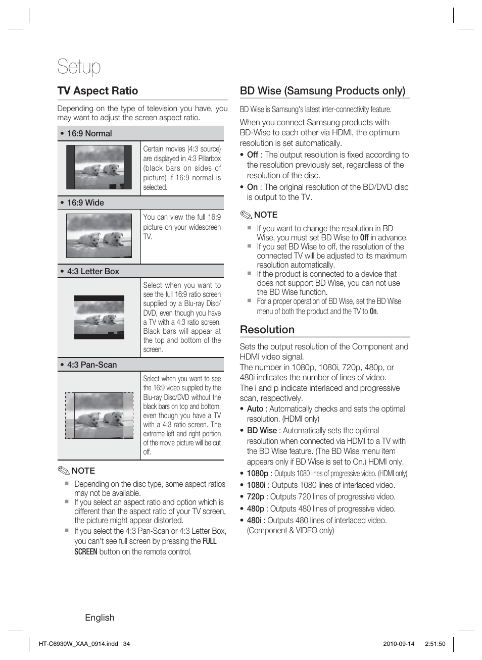 Tv aspect ratio, Bd wise (samsung products only), Resolution | Setup | Samsung HT-C6930W User Manual | Page 34 / 74