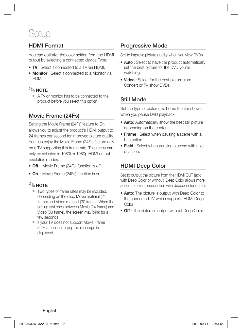 Hdmi format, Movie frame (24fs), Progressive mode | Still mode, Hdmi deep color, Setup | Samsung HT-C6930W User Manual | Page 36 / 74