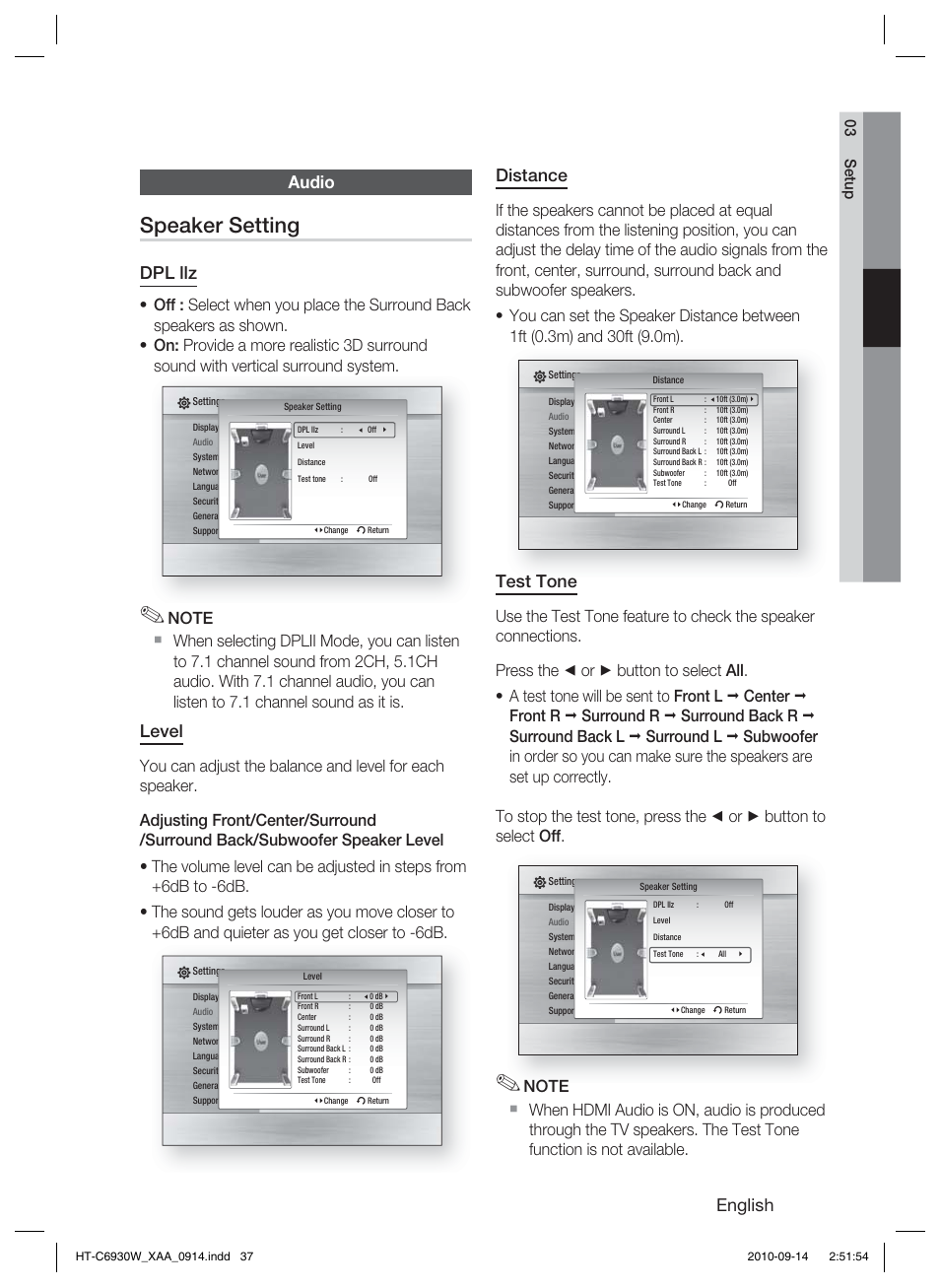 Audio, Speaker setting, English | Audio distance, Test tone, Dpl llz, Level, 03 setup | Samsung HT-C6930W User Manual | Page 37 / 74