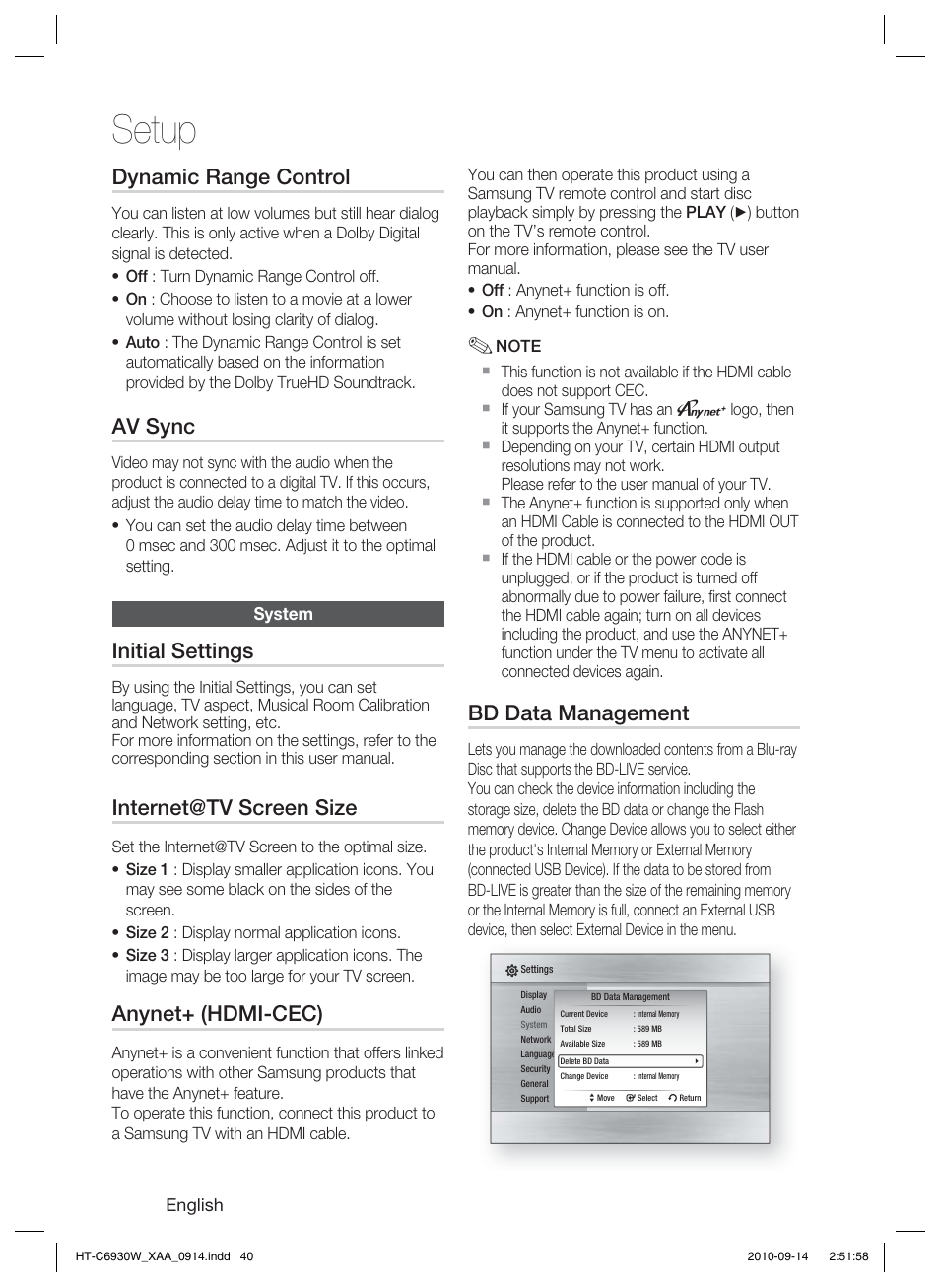 Dynamic range control, Av sync, System | Initial settings, Internet@tv screen size, Anynet+ (hdmi-cec), Bd data management, Setup | Samsung HT-C6930W User Manual | Page 40 / 74