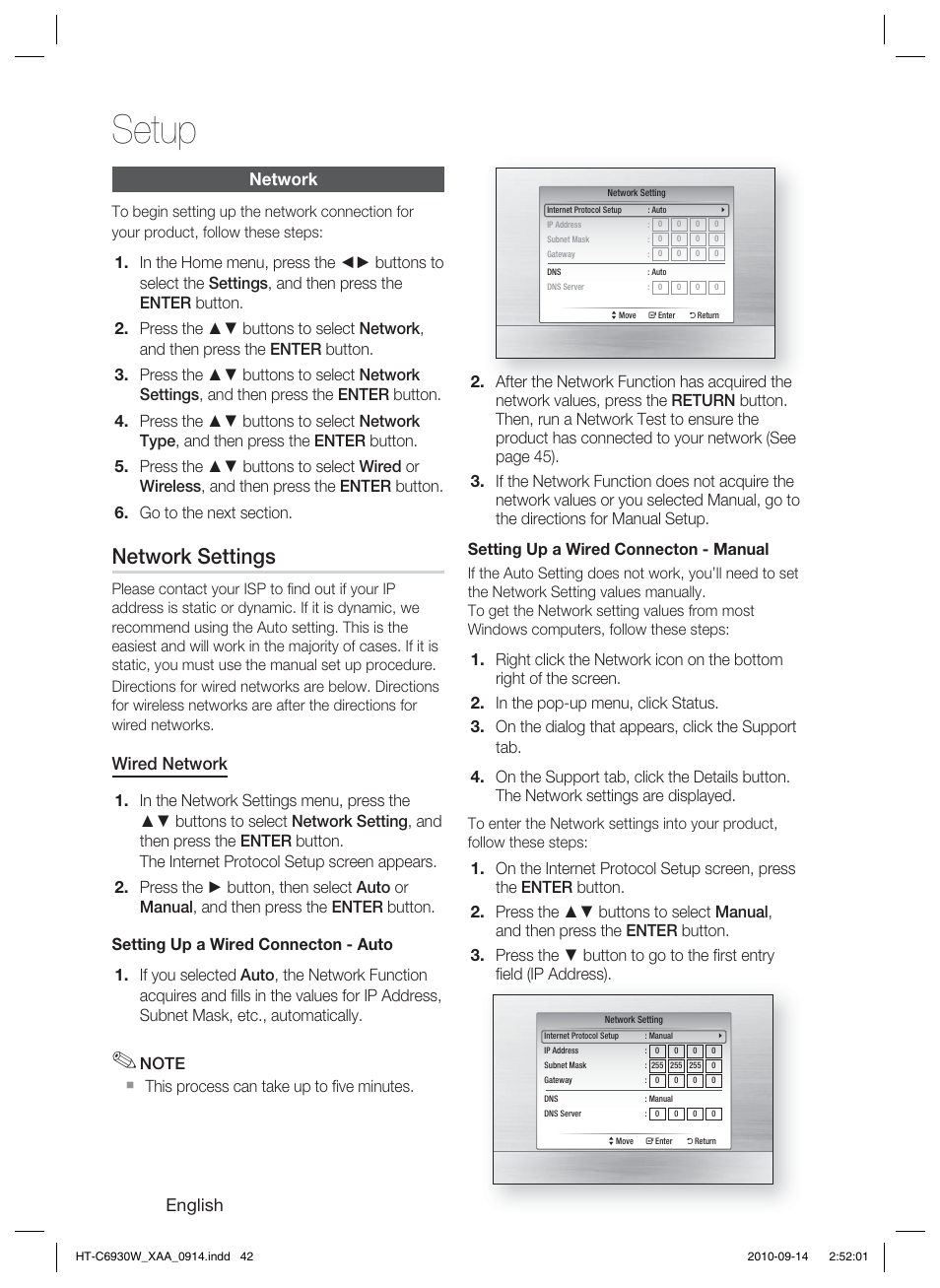 Network, Network settings, Setup | English, Wired network | Samsung HT-C6930W User Manual | Page 42 / 74
