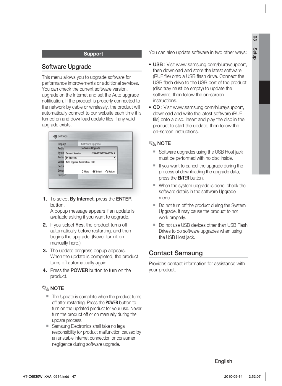 Support, Software upgrade, Contact samsung | Samsung HT-C6930W User Manual | Page 47 / 74