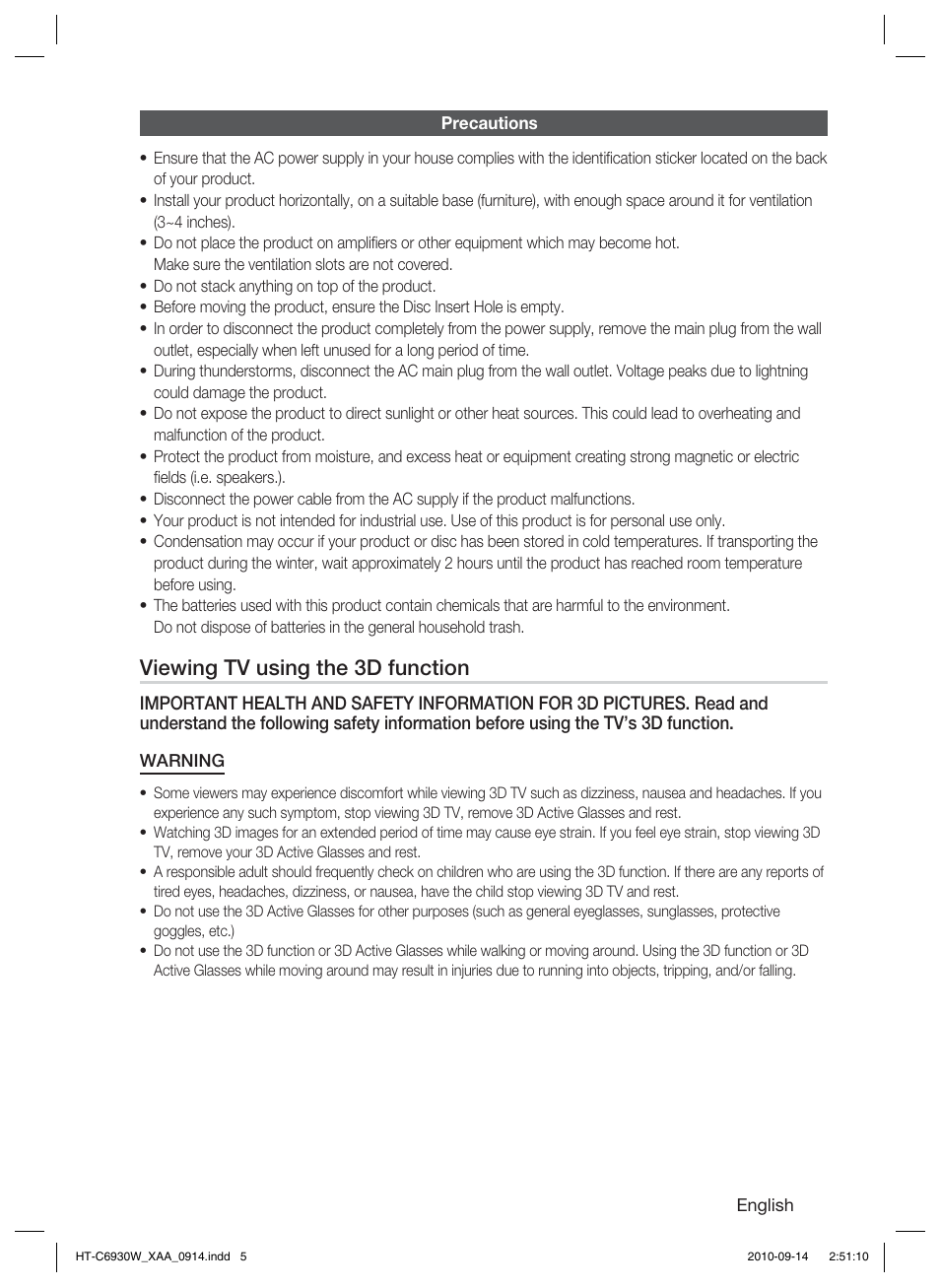 Precautions, Viewing tv using the 3d function | Samsung HT-C6930W User Manual | Page 5 / 74