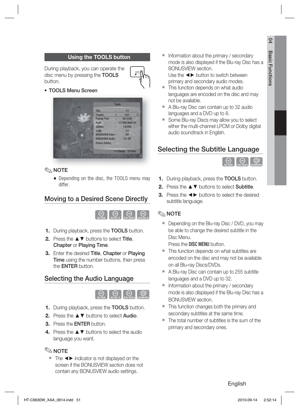 Using the tools button, Hzzy, Hzzx | Moving to a desired scene directly, Selecting the audio language, Selecting the subtitle language | Samsung HT-C6930W User Manual | Page 51 / 74