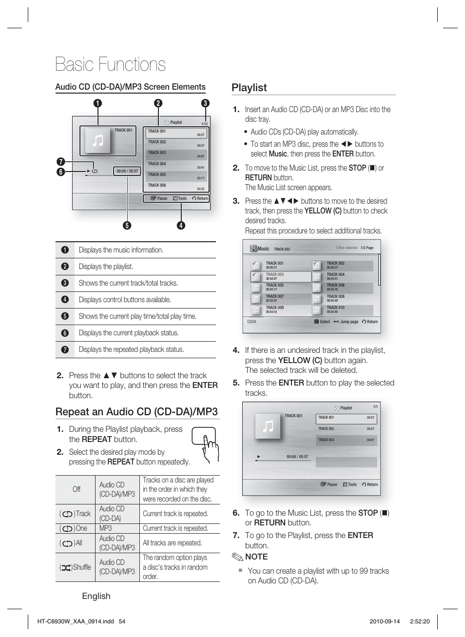 Basic functions, Repeat an audio cd (cd-da)/mp3, Playlist | English, Audio cd (cd-da)/mp3 screen elements | Samsung HT-C6930W User Manual | Page 54 / 74