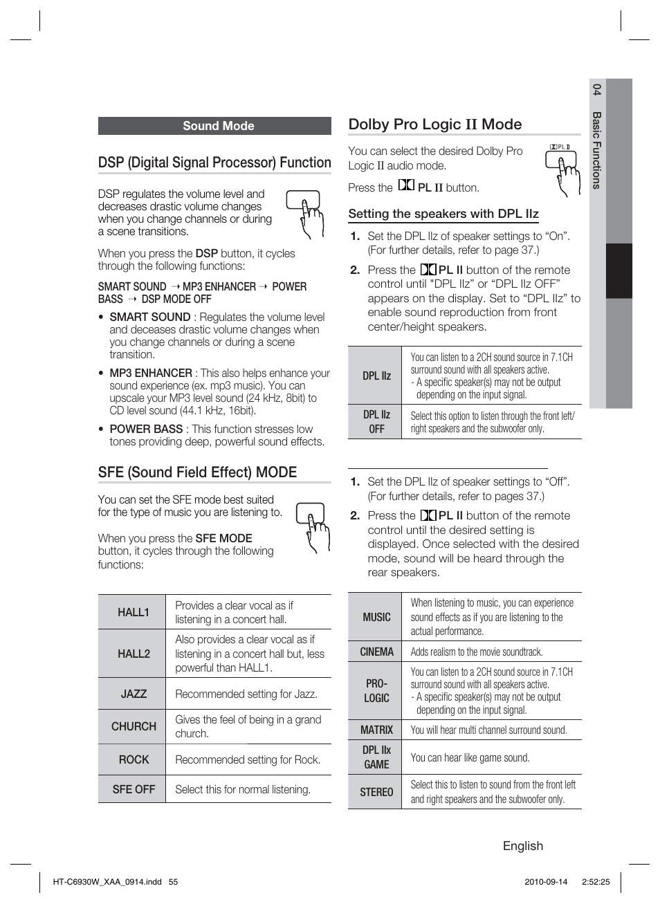 Sound mode, Dsp (digital signal processor) function, Sfe (sound field effect) mode | Dolby pro logic ii mode | Samsung HT-C6930W User Manual | Page 55 / 74