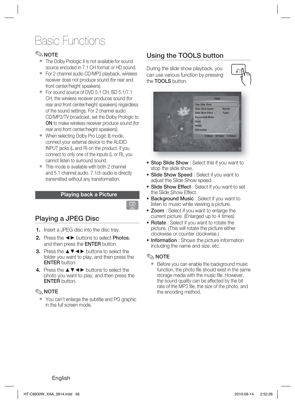 Playing back a picture, Basic functions, Using the tools button | Playing a jpeg disc | Samsung HT-C6930W User Manual | Page 56 / 74