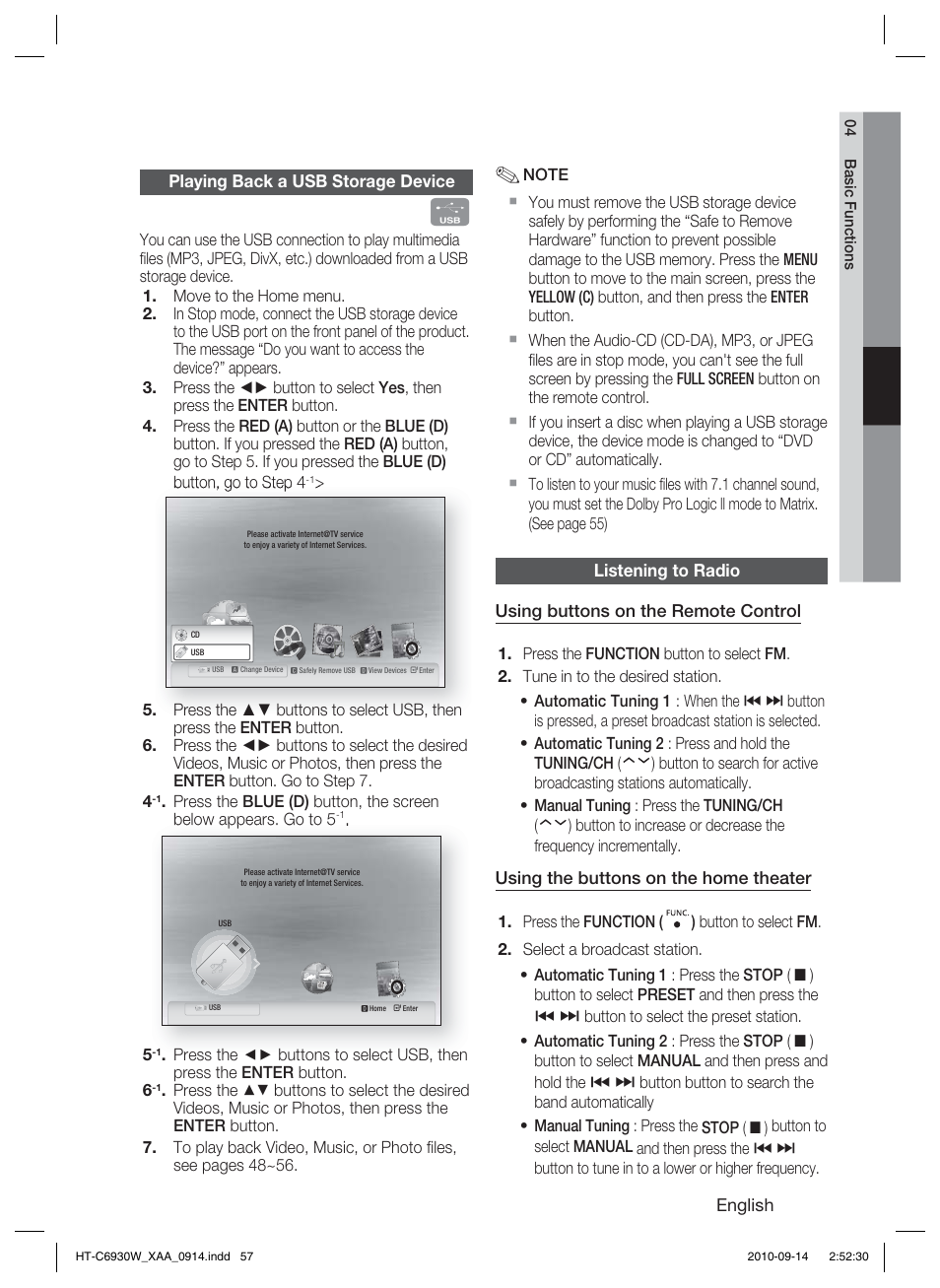 Playing back a usb storage device, Listening to radio | Samsung HT-C6930W User Manual | Page 57 / 74