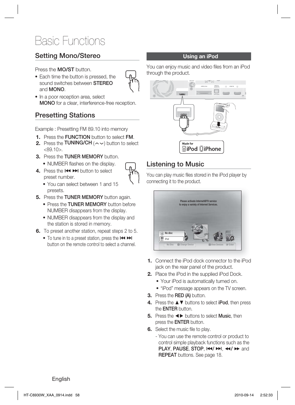 Using an ipod, Basic functions, Listening to music | Setting mono/stereo, Presetting stations | Samsung HT-C6930W User Manual | Page 58 / 74