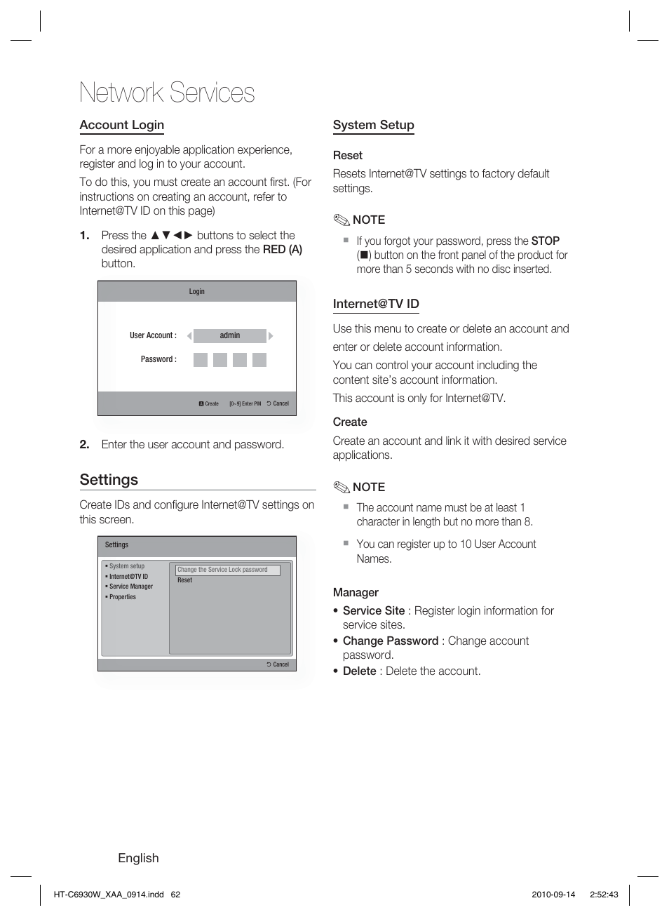 Network services, Settings | Samsung HT-C6930W User Manual | Page 62 / 74