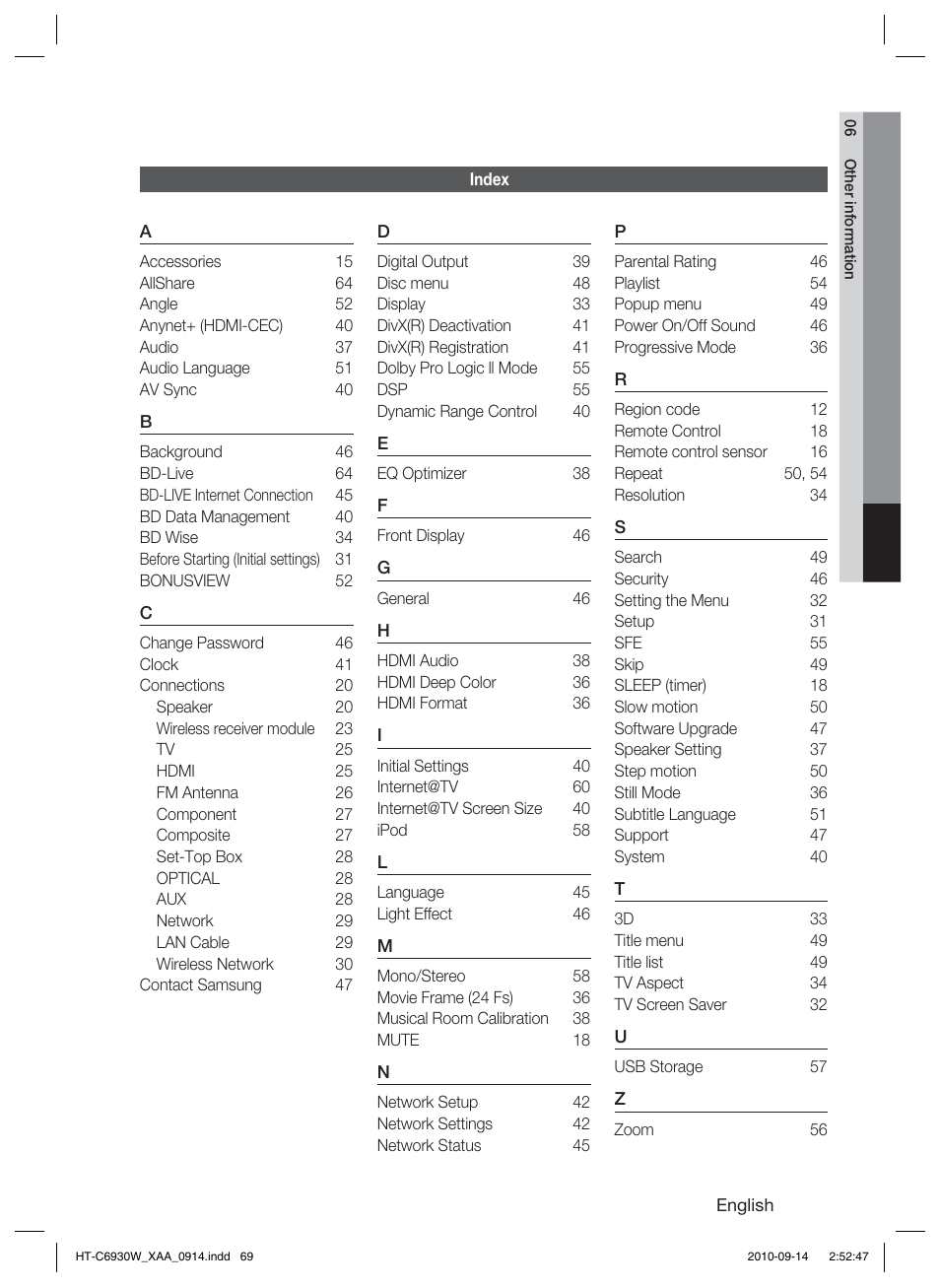 Index | Samsung HT-C6930W User Manual | Page 69 / 74