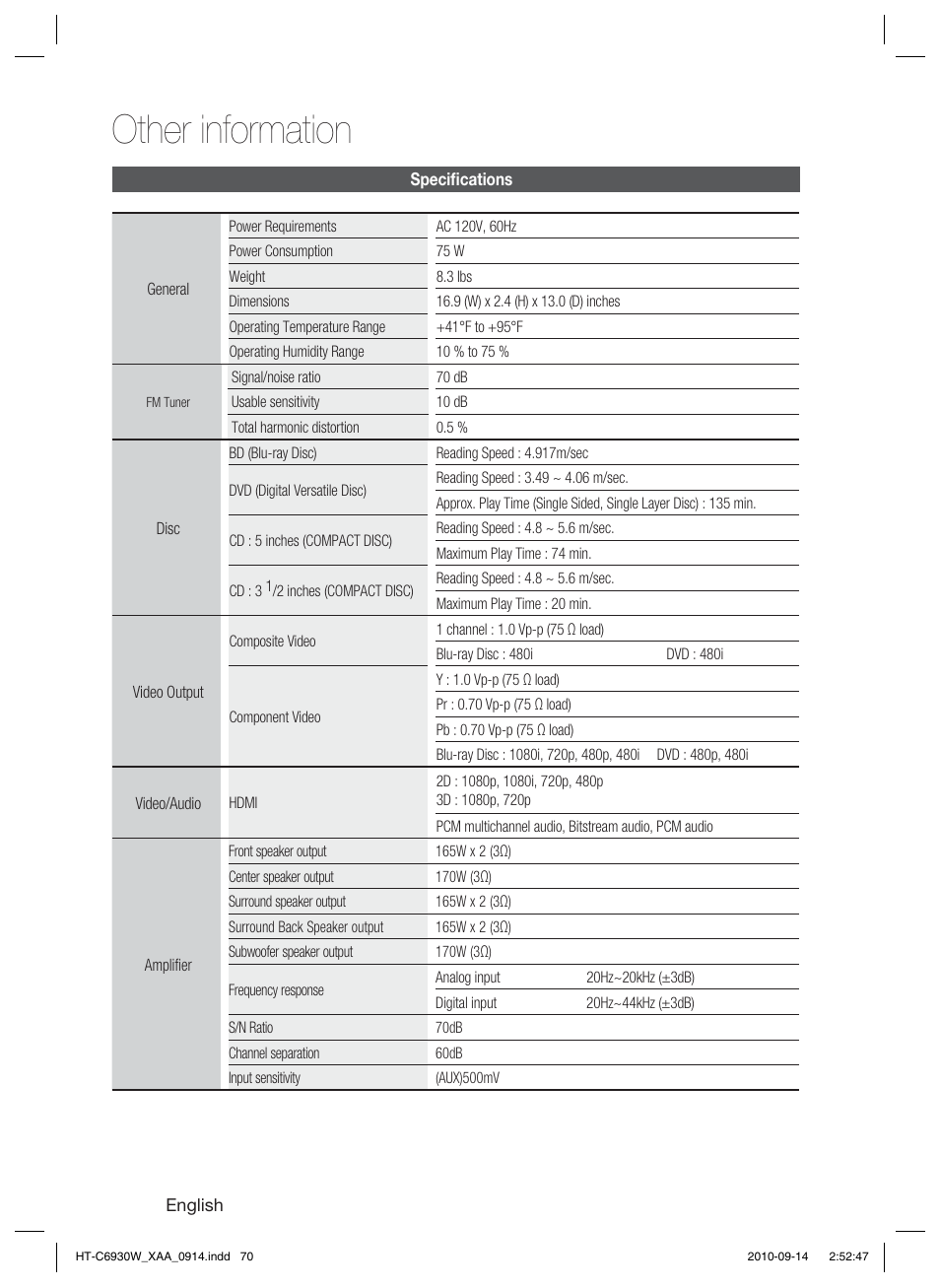 Specifications, Other information | Samsung HT-C6930W User Manual | Page 70 / 74