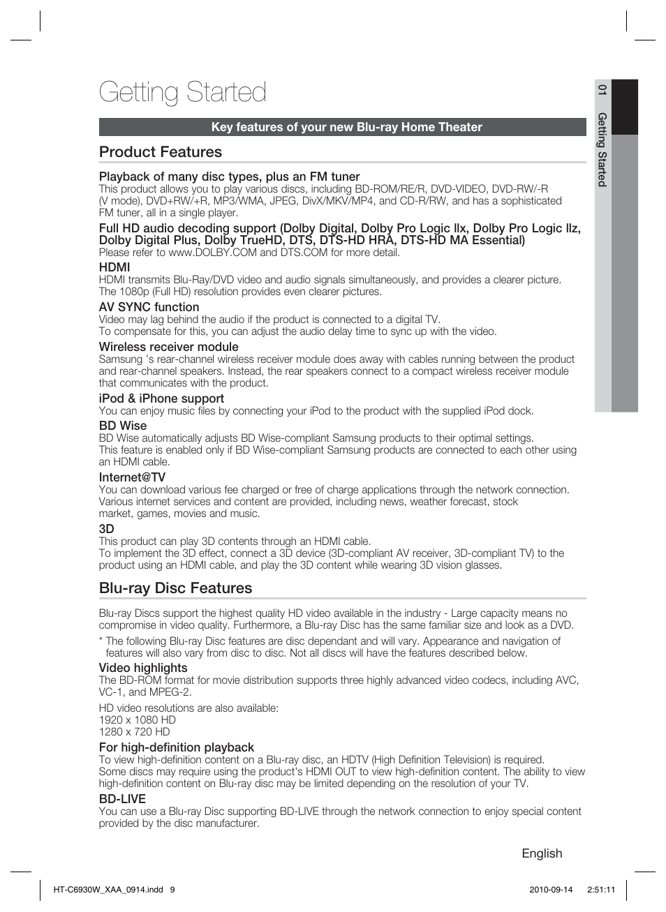 Getting started, Key features of your new blu-ray home theater, Product features | Blu-ray disc features | Samsung HT-C6930W User Manual | Page 9 / 74