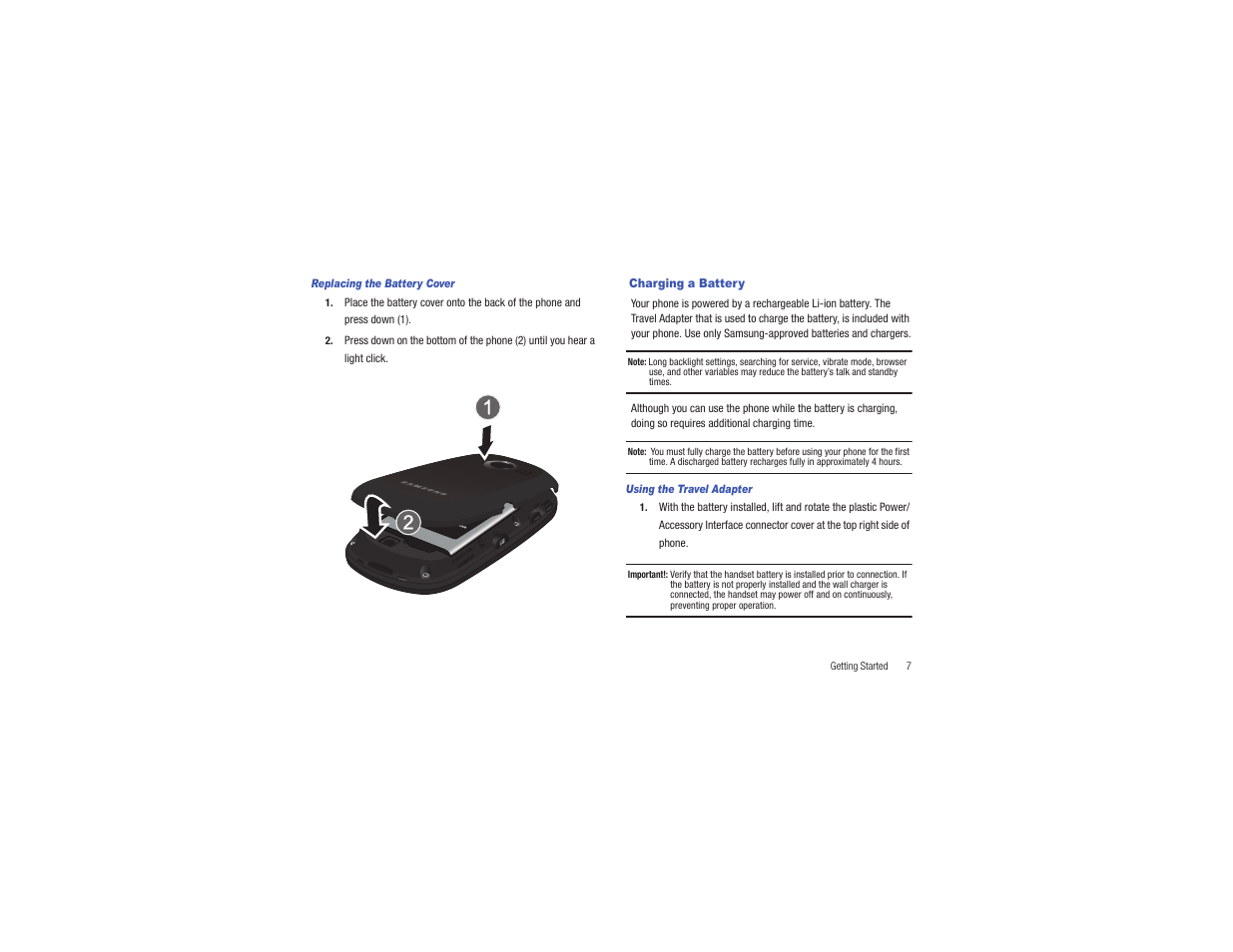 Charging a battery | Samsung Flight II SGH-A927 User Manual | Page 11 / 197