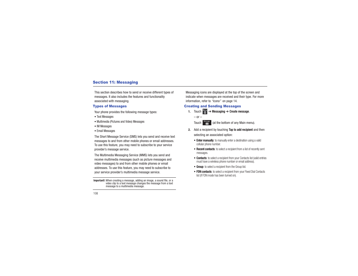 Section 11: messaging, Types of messages, Creating and sending messages | Types of messages creating and sending messages | Samsung Flight II SGH-A927 User Manual | Page 112 / 197