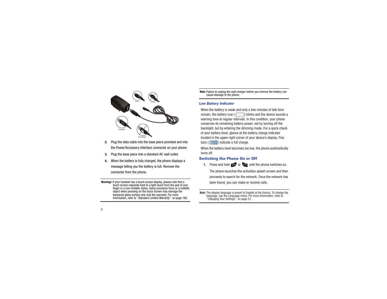 Switching the phone on or off, Da ta link cable | Samsung Flight II SGH-A927 User Manual | Page 12 / 197