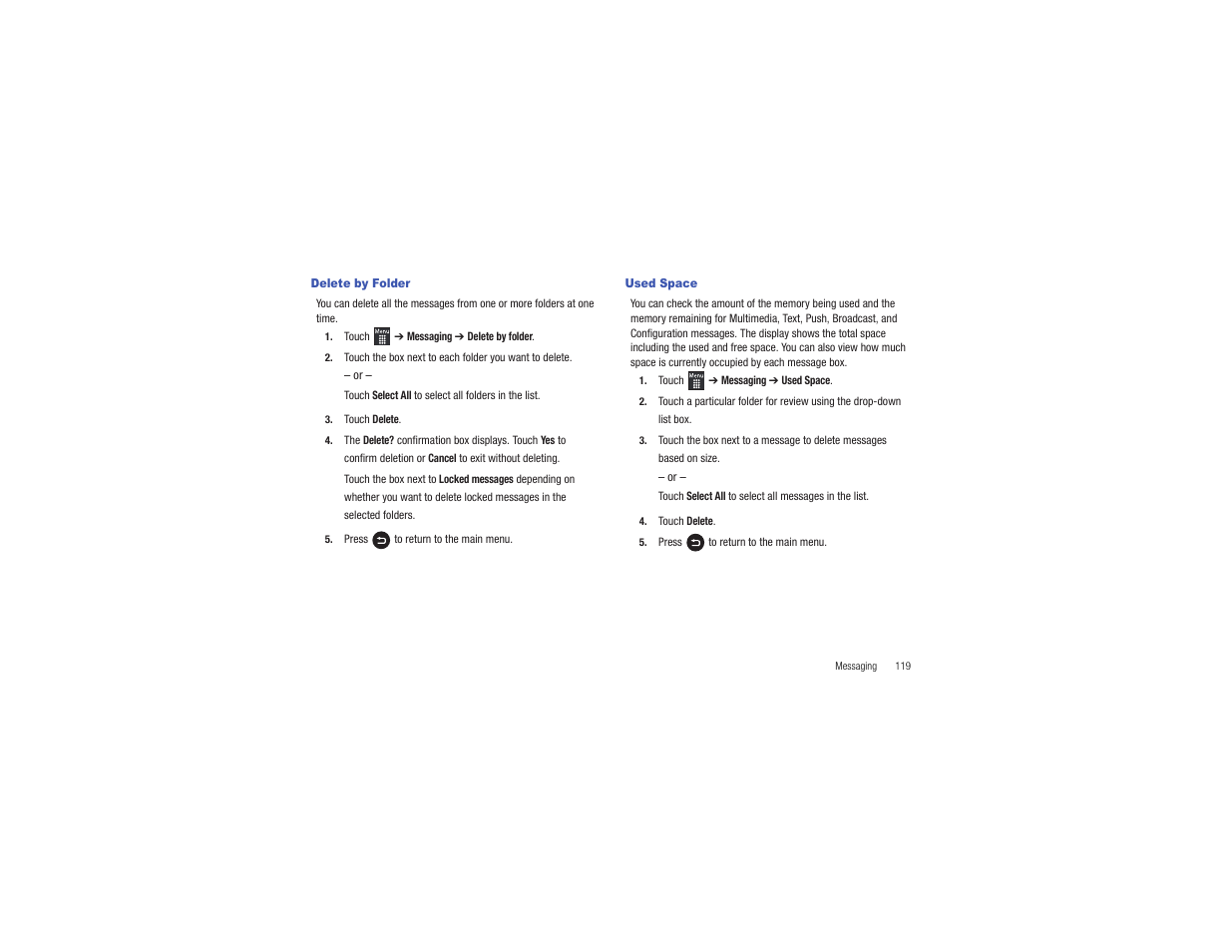 Delete by folder, Used space, Delete by folder used space | Samsung Flight II SGH-A927 User Manual | Page 123 / 197