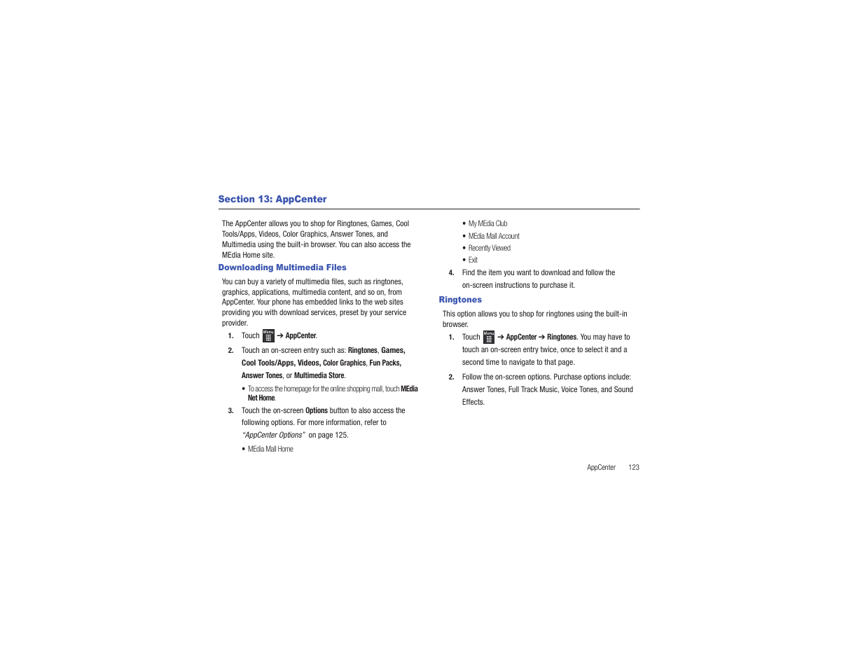 Section 13: appcenter, Downloading multimedia files, Ringtones | Downloading multimedia files ringtones | Samsung Flight II SGH-A927 User Manual | Page 127 / 197