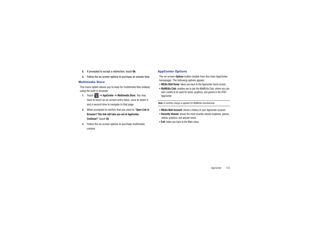 Multimedia store, Appcenter options, Multimedia store appcenter options | Samsung Flight II SGH-A927 User Manual | Page 129 / 197