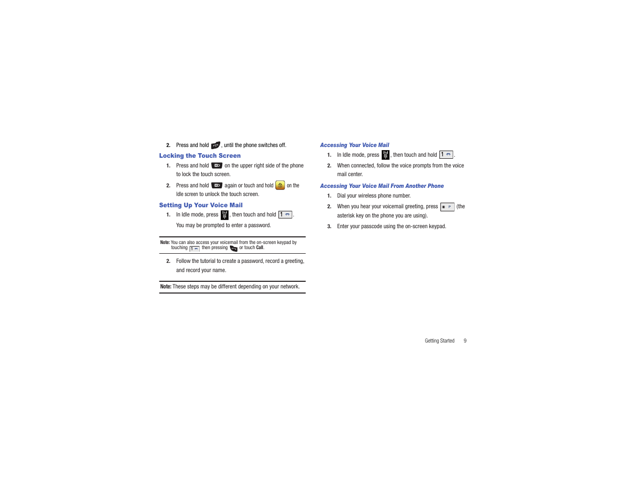 Locking the touch screen, Setting up your voice mail | Samsung Flight II SGH-A927 User Manual | Page 13 / 197