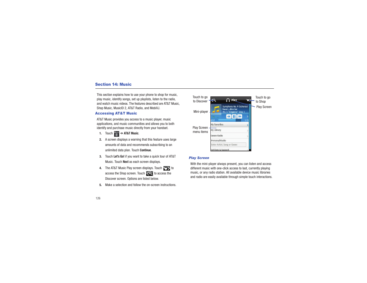 Section 14: music, Accessing at&t music | Samsung Flight II SGH-A927 User Manual | Page 130 / 197