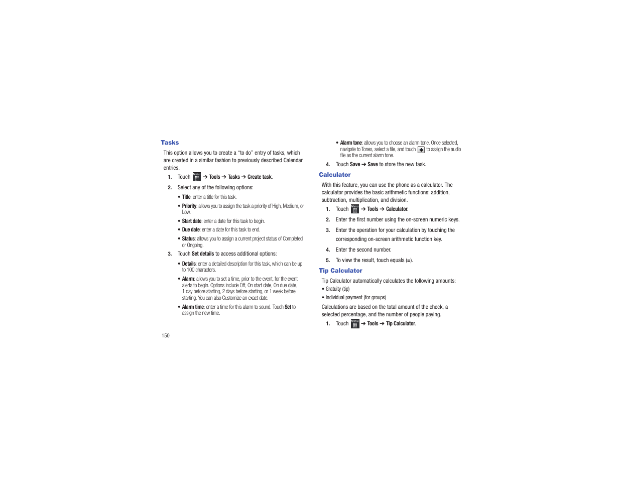 Tasks, Calculator, Tip calculator | Tasks calculator tip calculator | Samsung Flight II SGH-A927 User Manual | Page 154 / 197
