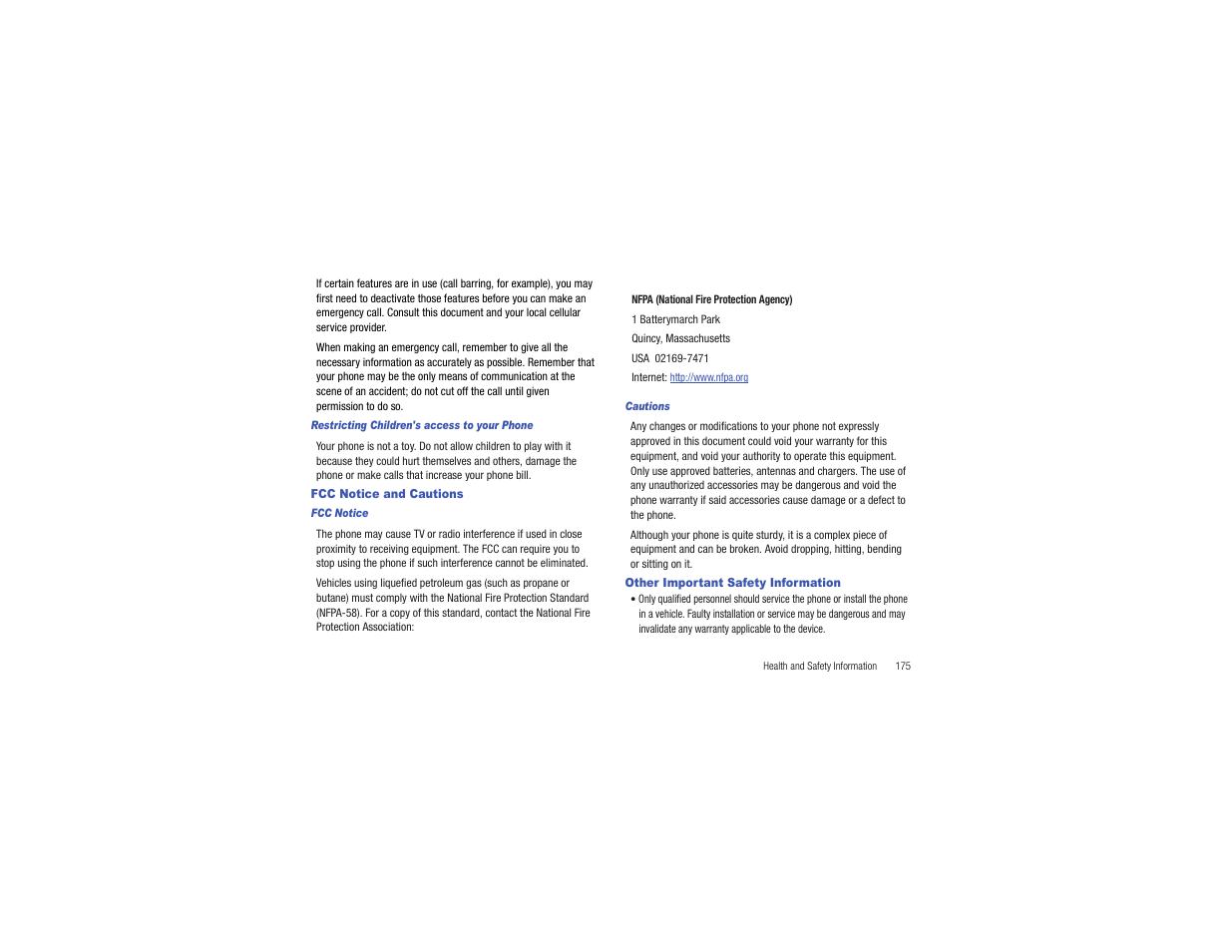 Fcc notice and cautions, Other important safety information | Samsung Flight II SGH-A927 User Manual | Page 179 / 197