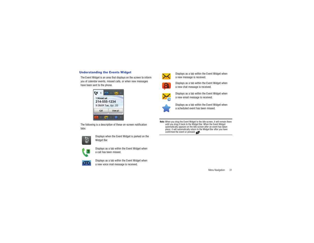 Understanding the events widget | Samsung Flight II SGH-A927 User Manual | Page 35 / 197