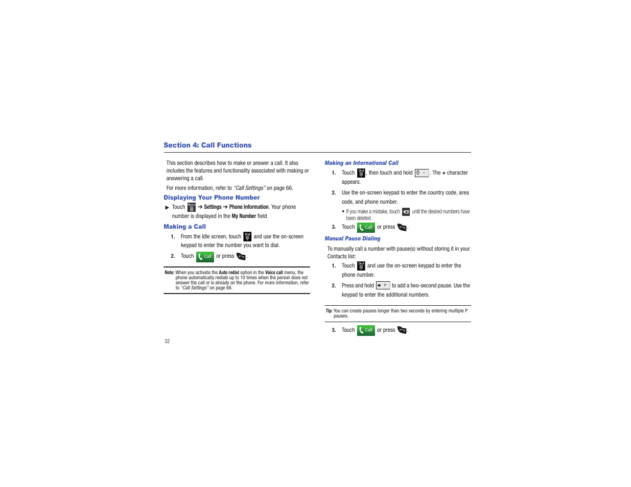 Section 4: call functions, Displaying your phone number, Making a call | Displaying your phone number making a call | Samsung Flight II SGH-A927 User Manual | Page 36 / 197