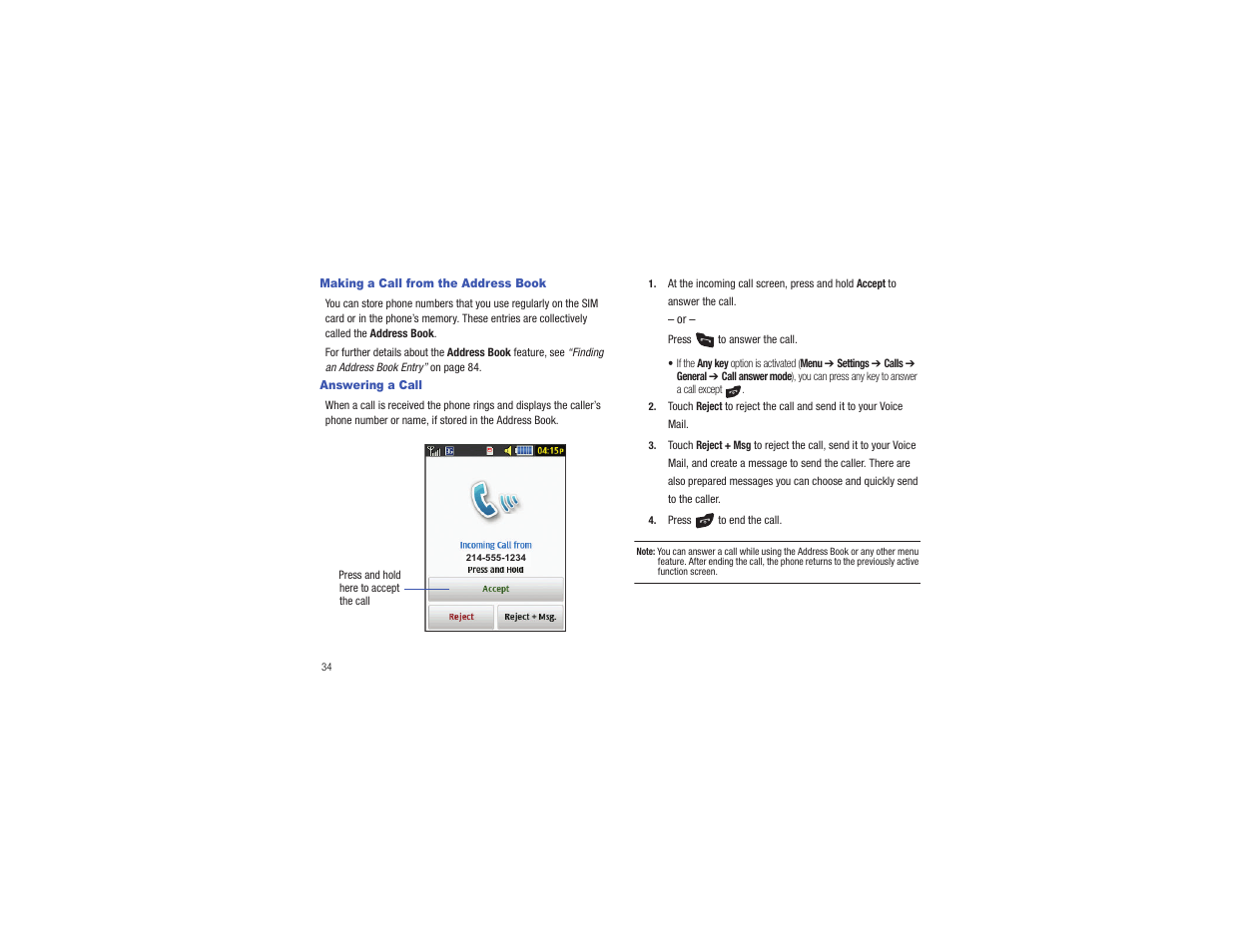 Making a call from the address book, Answering a call | Samsung Flight II SGH-A927 User Manual | Page 38 / 197