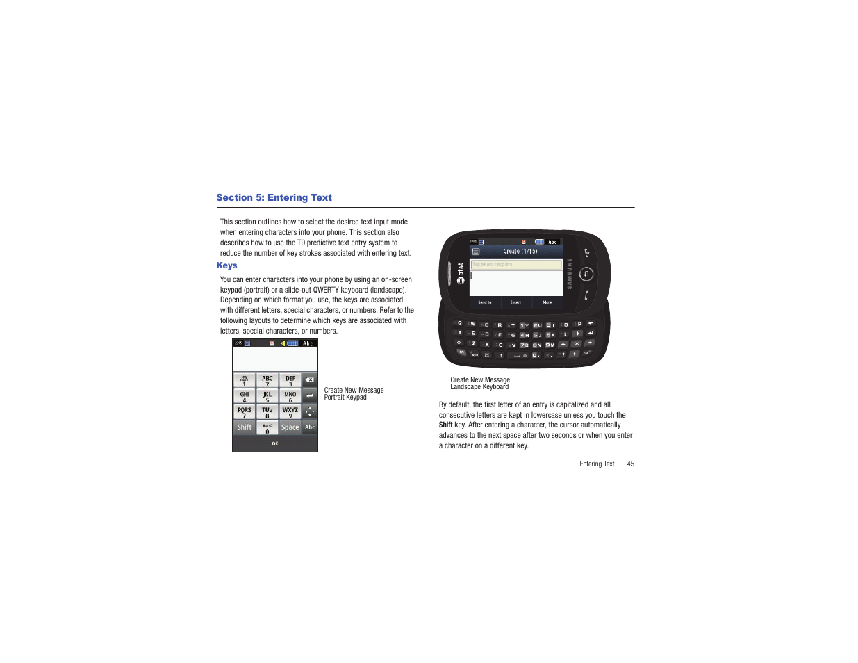 Section 5: entering text, Keys | Samsung Flight II SGH-A927 User Manual | Page 49 / 197