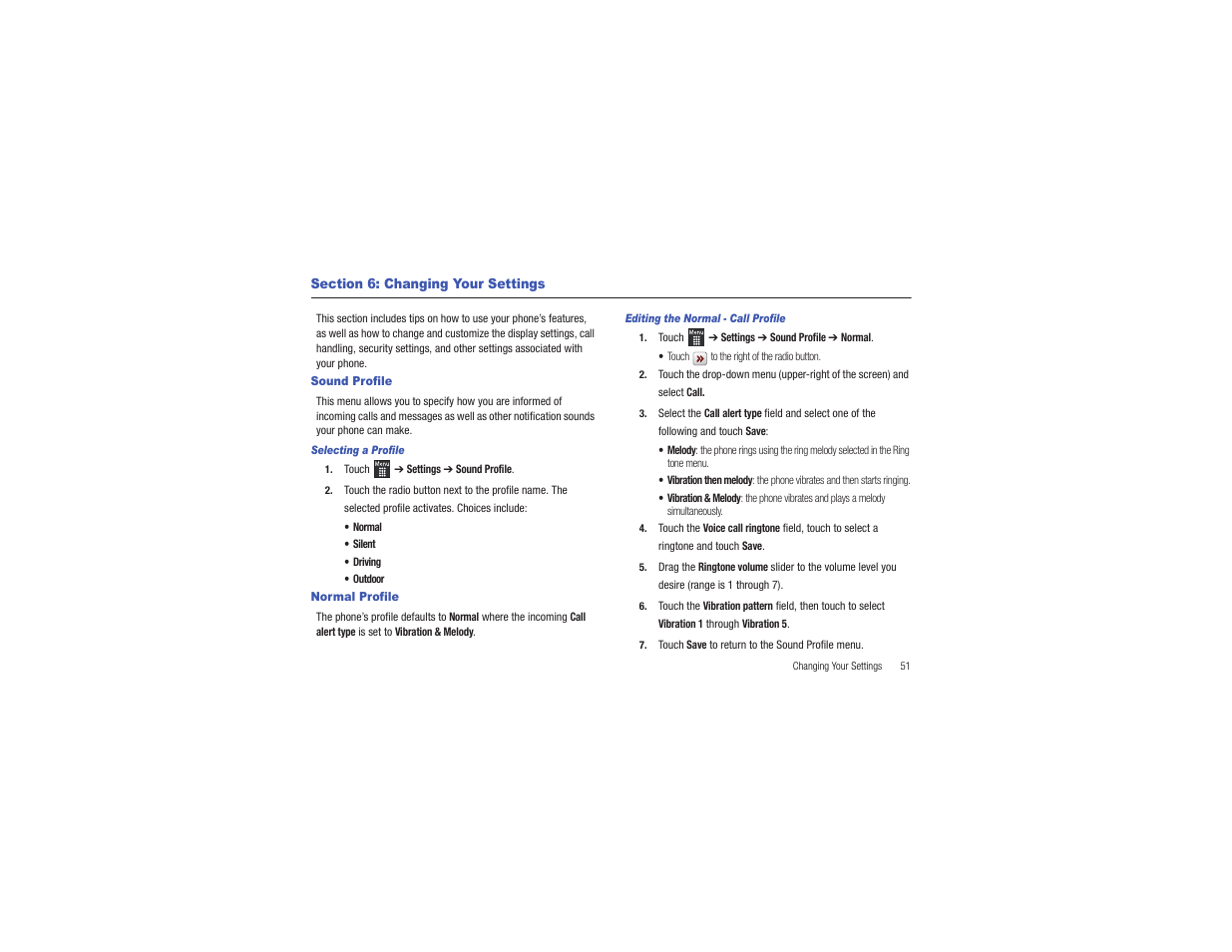 Section 6: changing your settings, Sound profile, Normal profile | Sound profile normal profile | Samsung Flight II SGH-A927 User Manual | Page 55 / 197