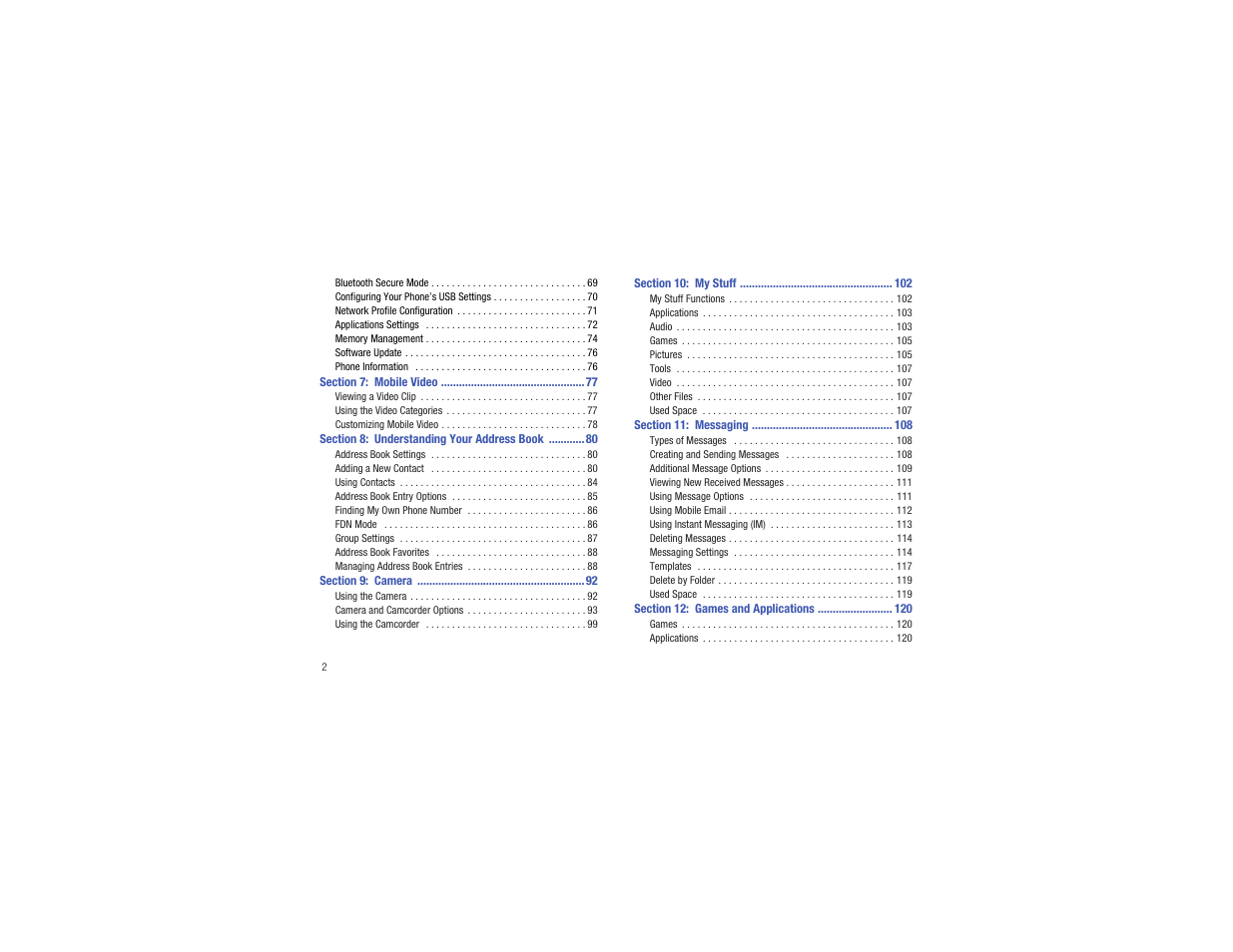 Section 7: mobile video 77, Section 8: understanding your address book 80, Section 9: camera 92 | Section 10: my stuff 102, Section 11: messaging 108, Section 12: games and applications 120 | Samsung Flight II SGH-A927 User Manual | Page 6 / 197