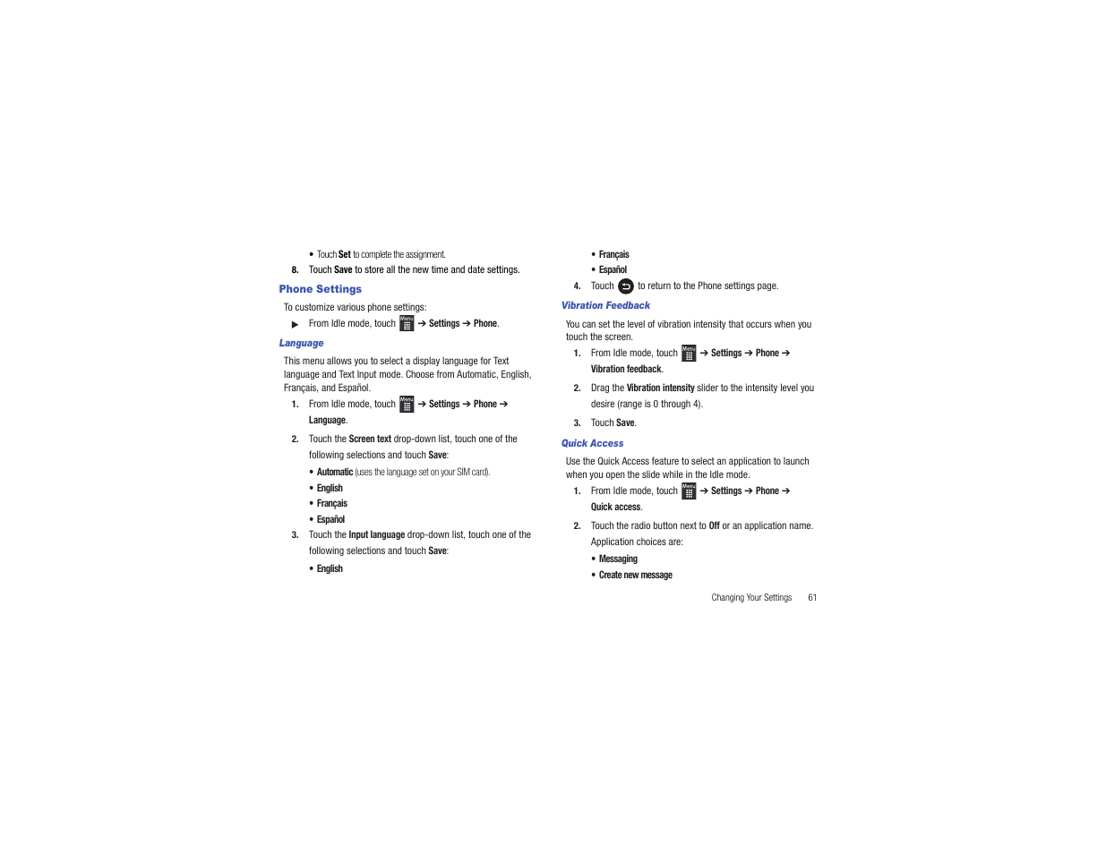 Phone settings | Samsung Flight II SGH-A927 User Manual | Page 65 / 197