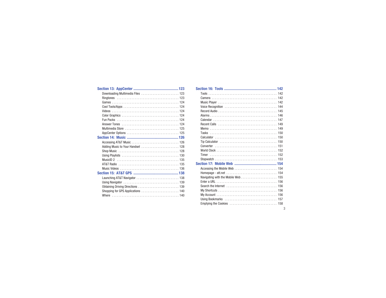 Section 13: appcenter 123, Section 14: music 126, Section 15: at&t gps 138 | Section 16: tools 142, Section 17: mobile web 154 | Samsung Flight II SGH-A927 User Manual | Page 7 / 197