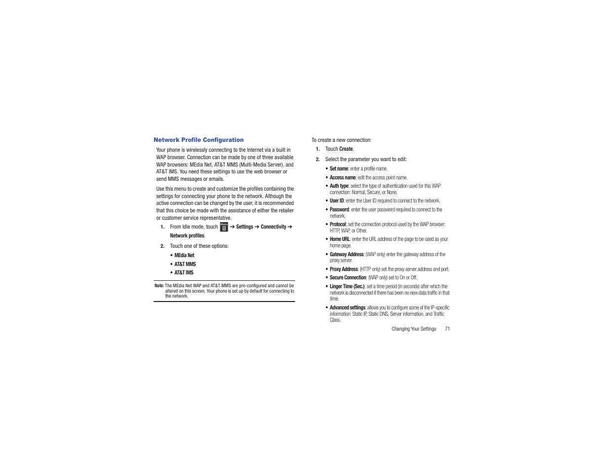 Network profile configuration | Samsung Flight II SGH-A927 User Manual | Page 75 / 197