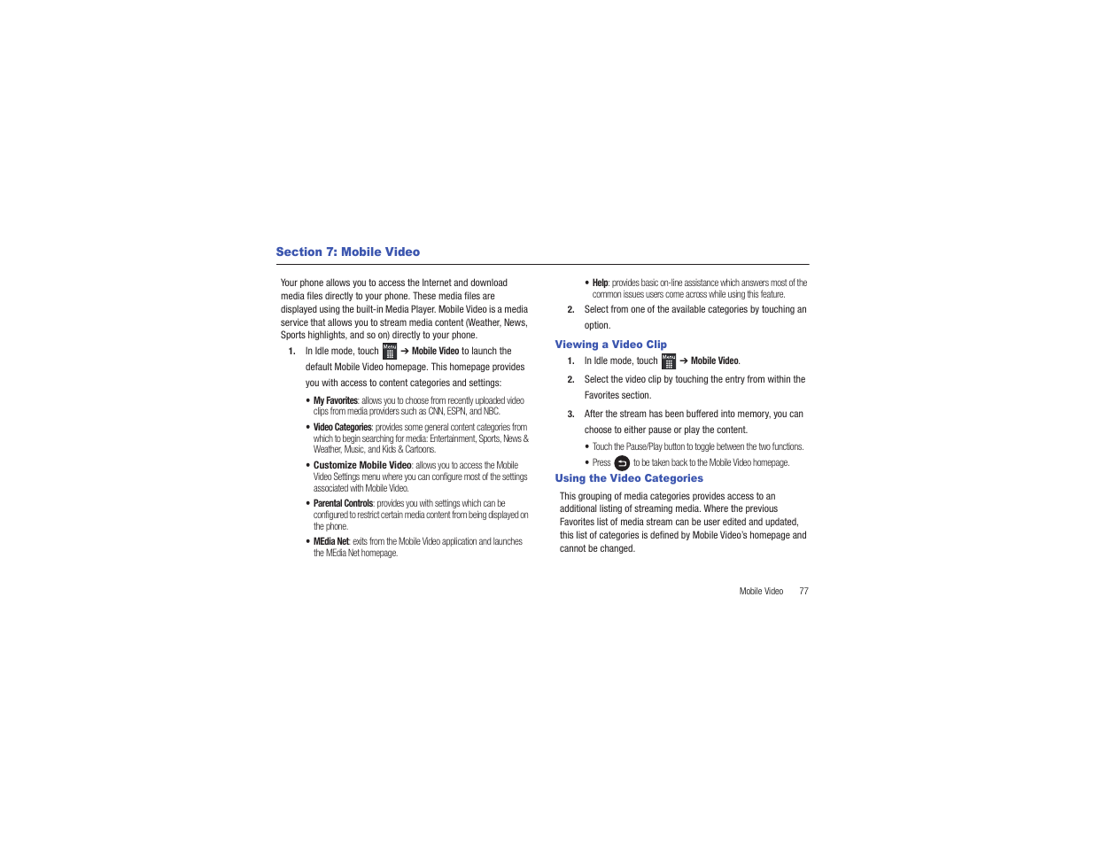 Section 7: mobile video, Viewing a video clip, Using the video categories | Viewing a video clip using the video categories | Samsung Flight II SGH-A927 User Manual | Page 81 / 197