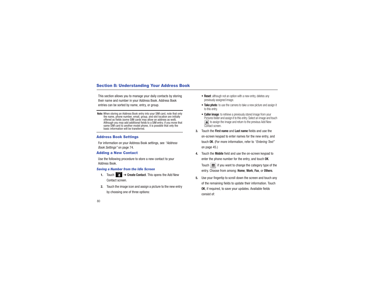 Section 8: understanding your address book, Address book settings, Adding a new contact | Address book settings adding a new contact | Samsung Flight II SGH-A927 User Manual | Page 84 / 197