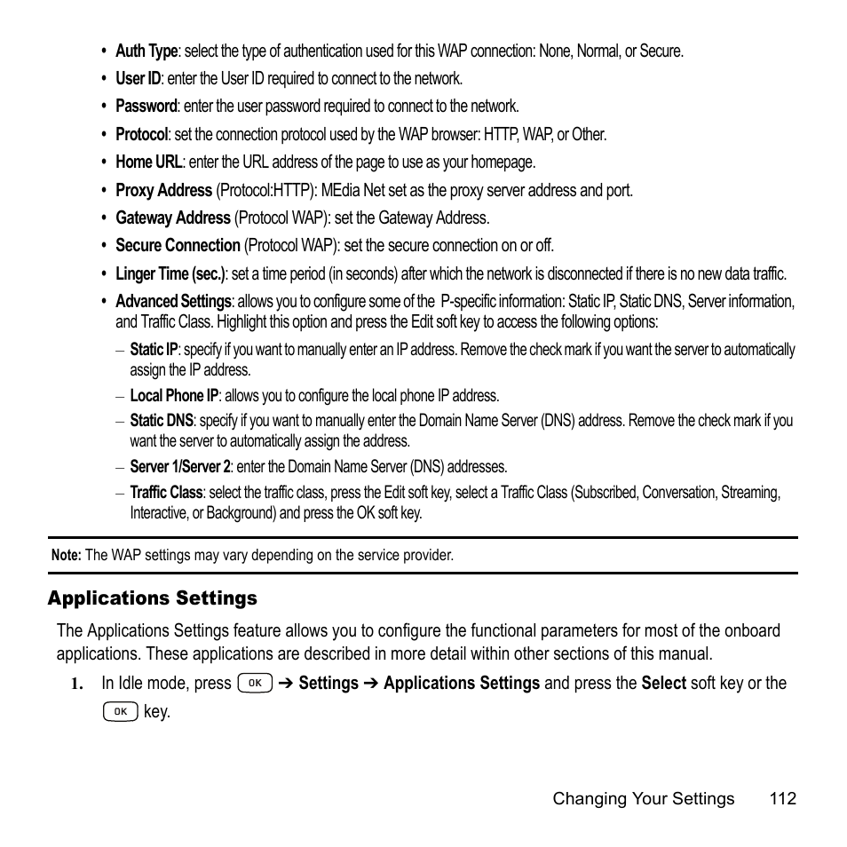 Applications settings | Samsung A847M User Manual | Page 119 / 140