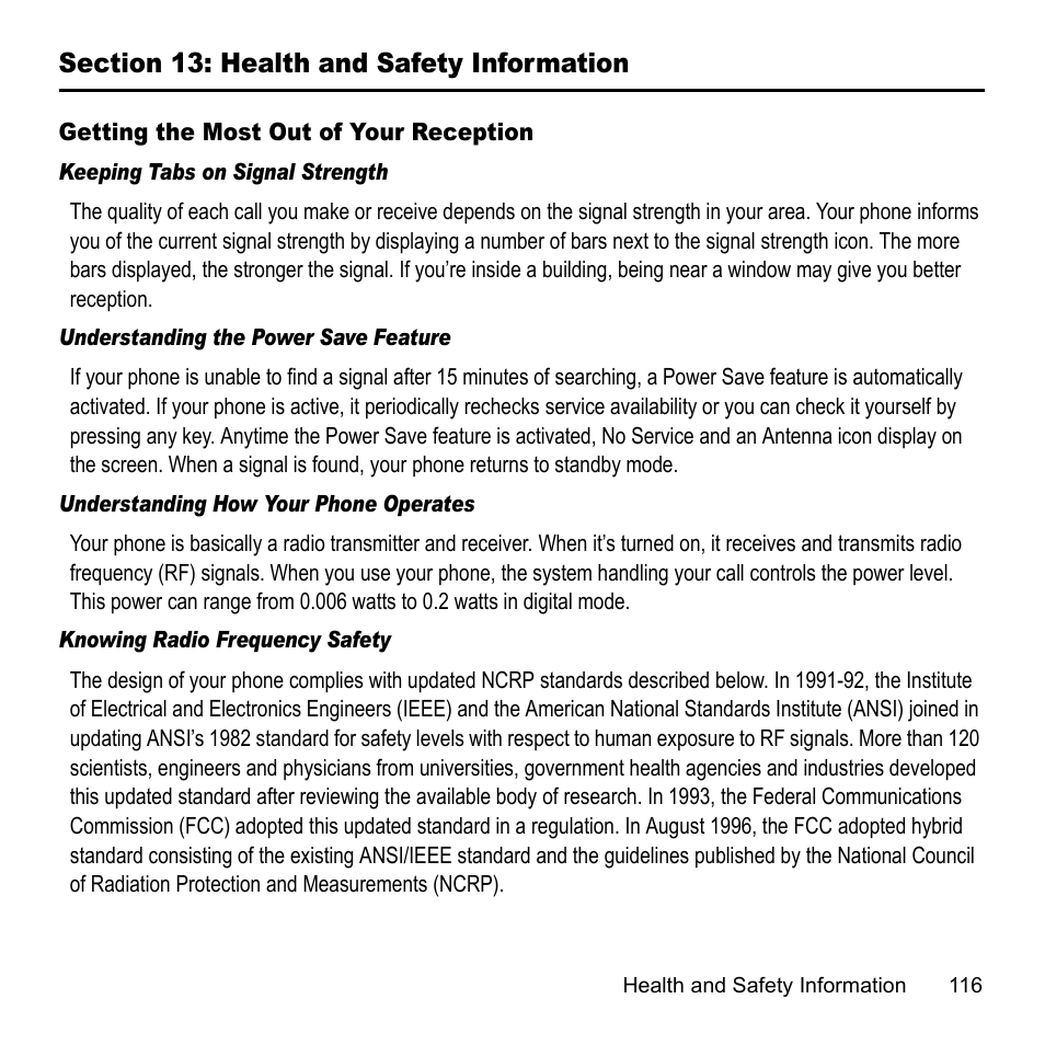 Section 13: health and safety information, Getting he most out of your reception | Samsung A847M User Manual | Page 123 / 140