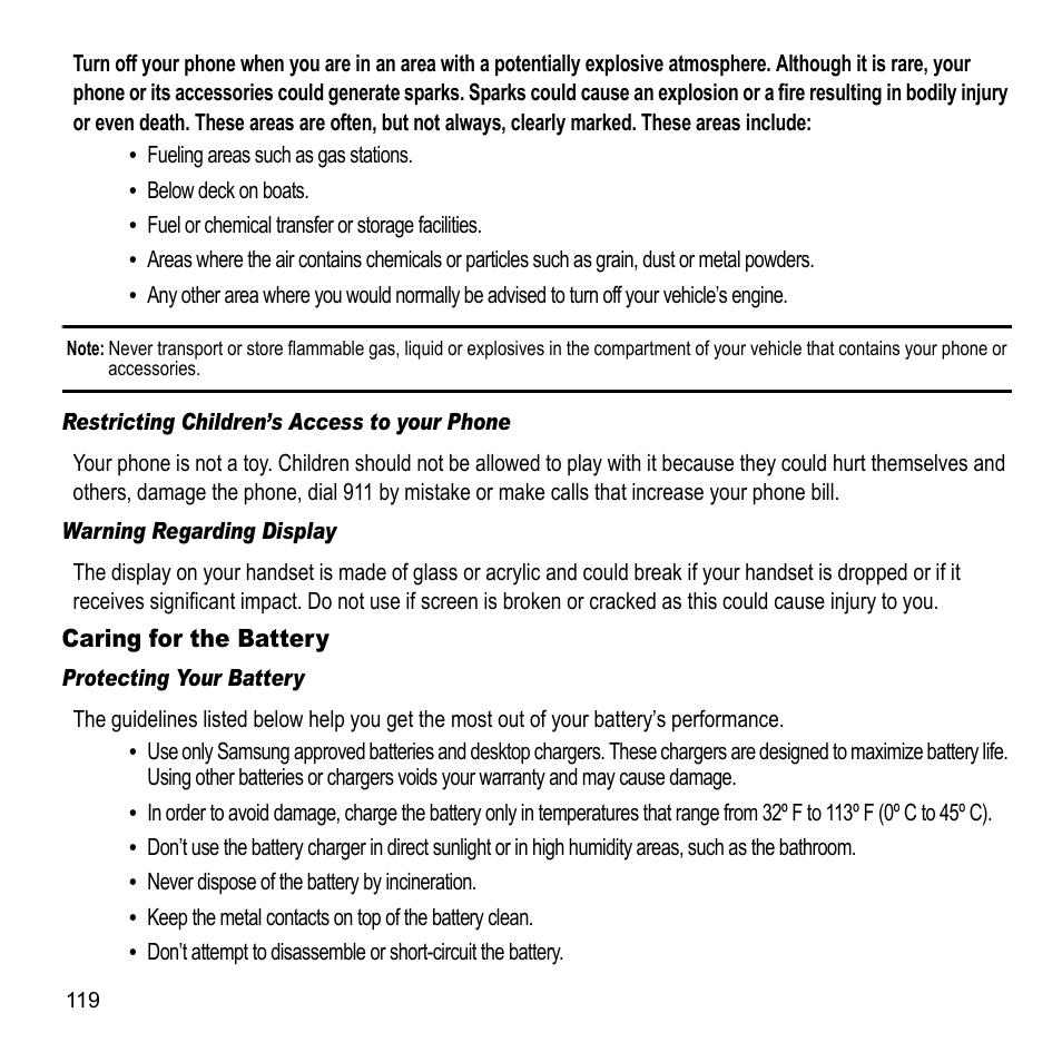Caring for the battery | Samsung A847M User Manual | Page 126 / 140