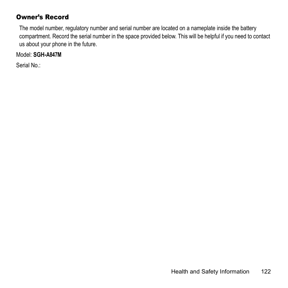 Owner’s record | Samsung A847M User Manual | Page 129 / 140