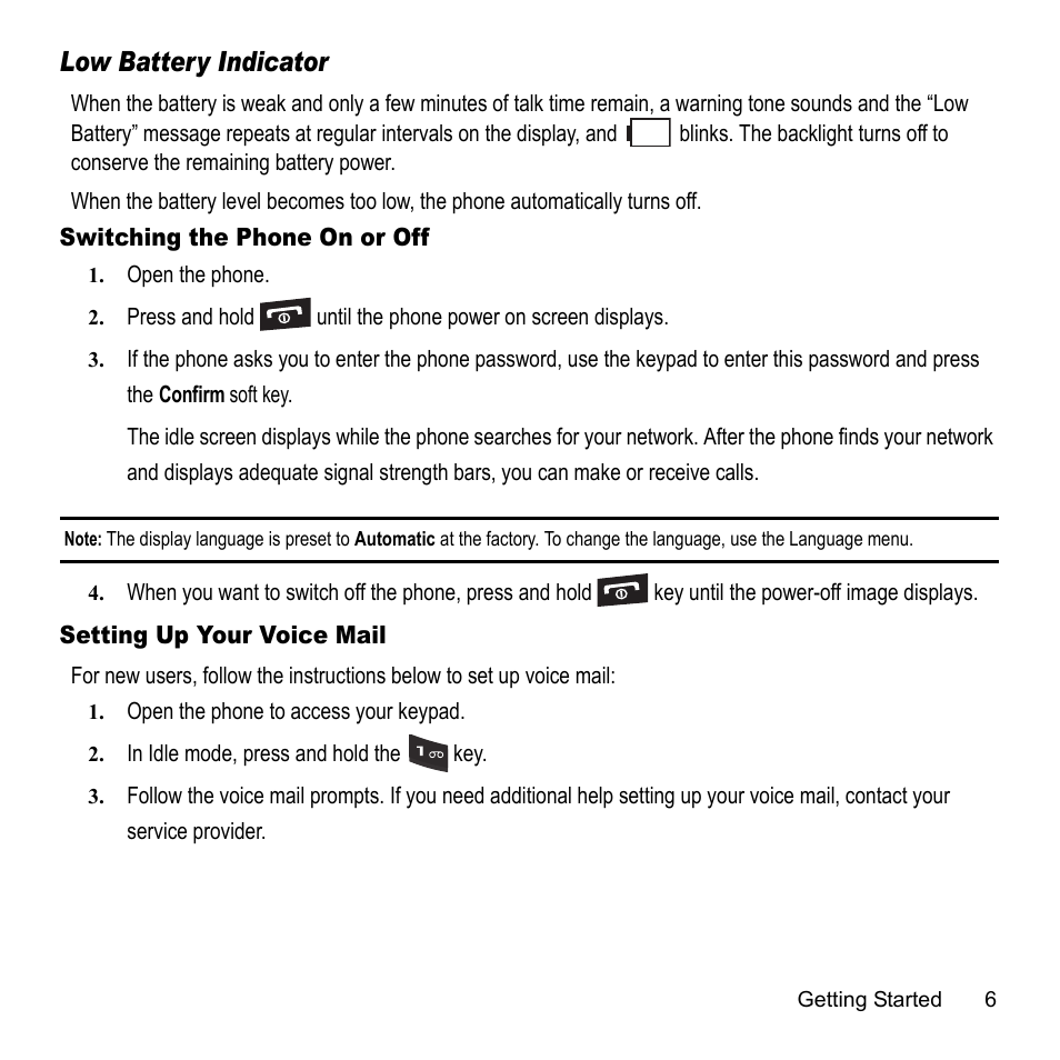 Low battery indicator | Samsung A847M User Manual | Page 13 / 140