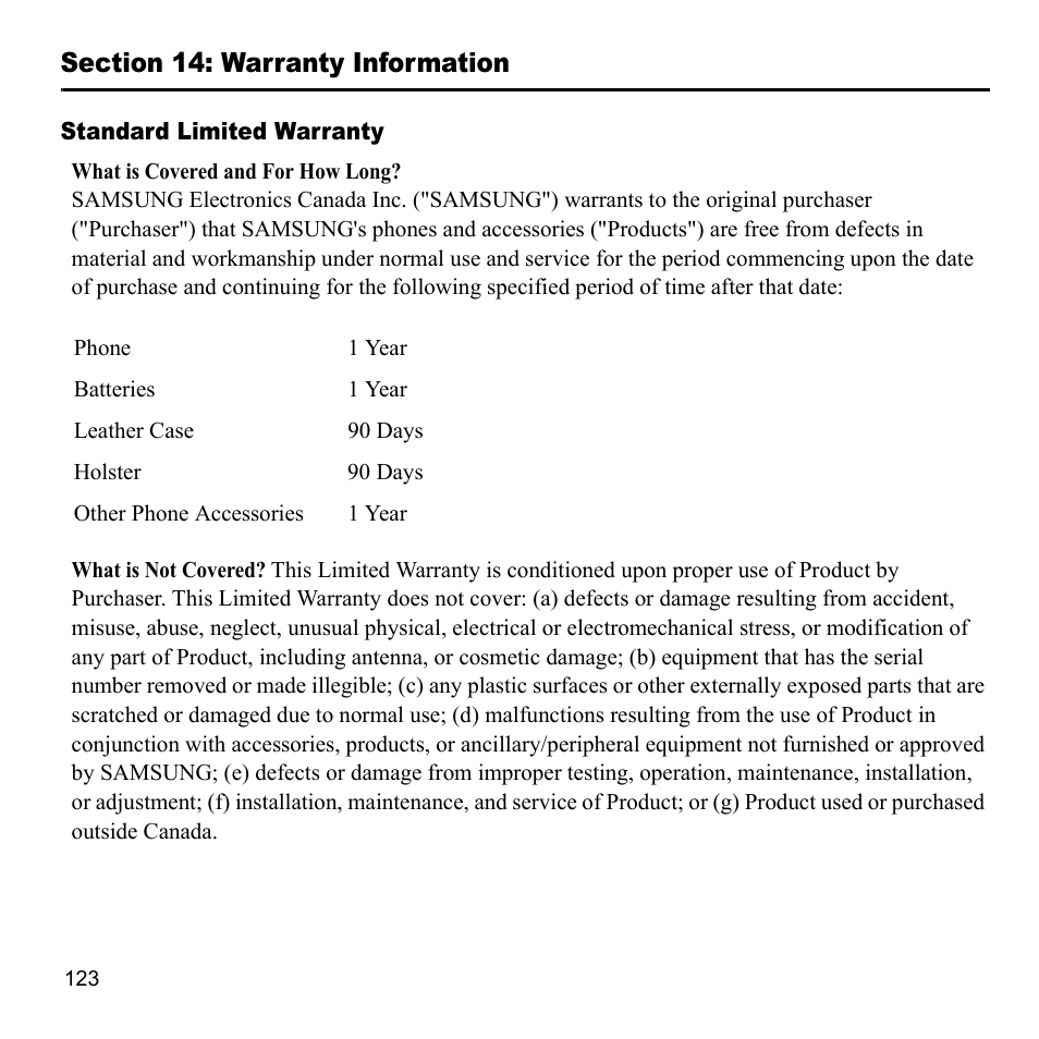 Section 14: warranty information, Standard limited warranty | Samsung A847M User Manual | Page 130 / 140