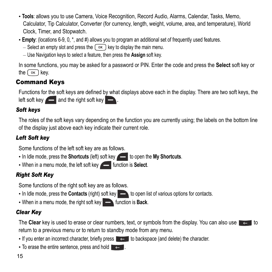 Command keys | Samsung A847M User Manual | Page 22 / 140