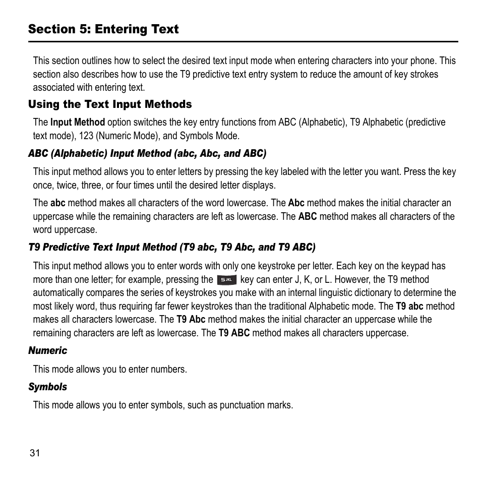 Section 5: entering text, Using the text input methods | Samsung A847M User Manual | Page 38 / 140