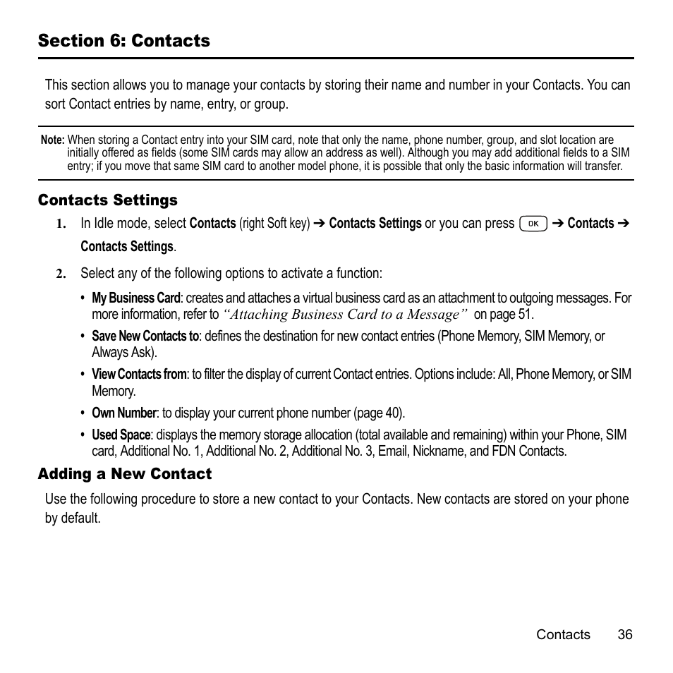 Section 6: contacts, Contacts settings adding a new contact | Samsung A847M User Manual | Page 43 / 140