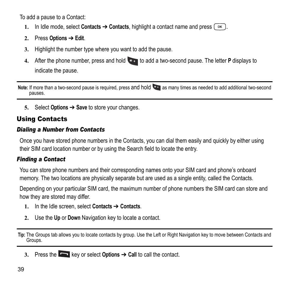 Using contacts | Samsung A847M User Manual | Page 46 / 140