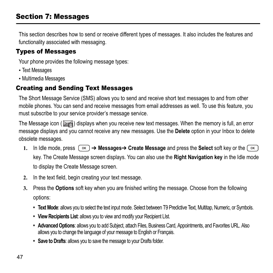 Section 7: messages | Samsung A847M User Manual | Page 54 / 140