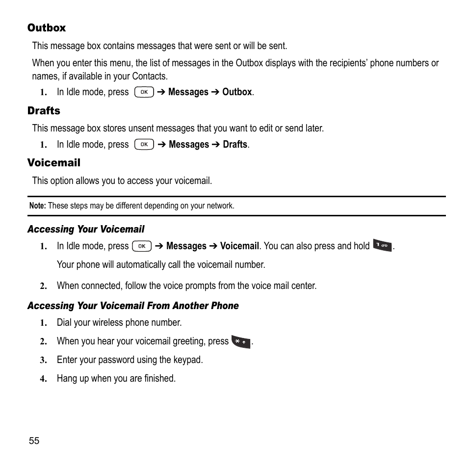 Outbox drafts voicemail | Samsung A847M User Manual | Page 62 / 140